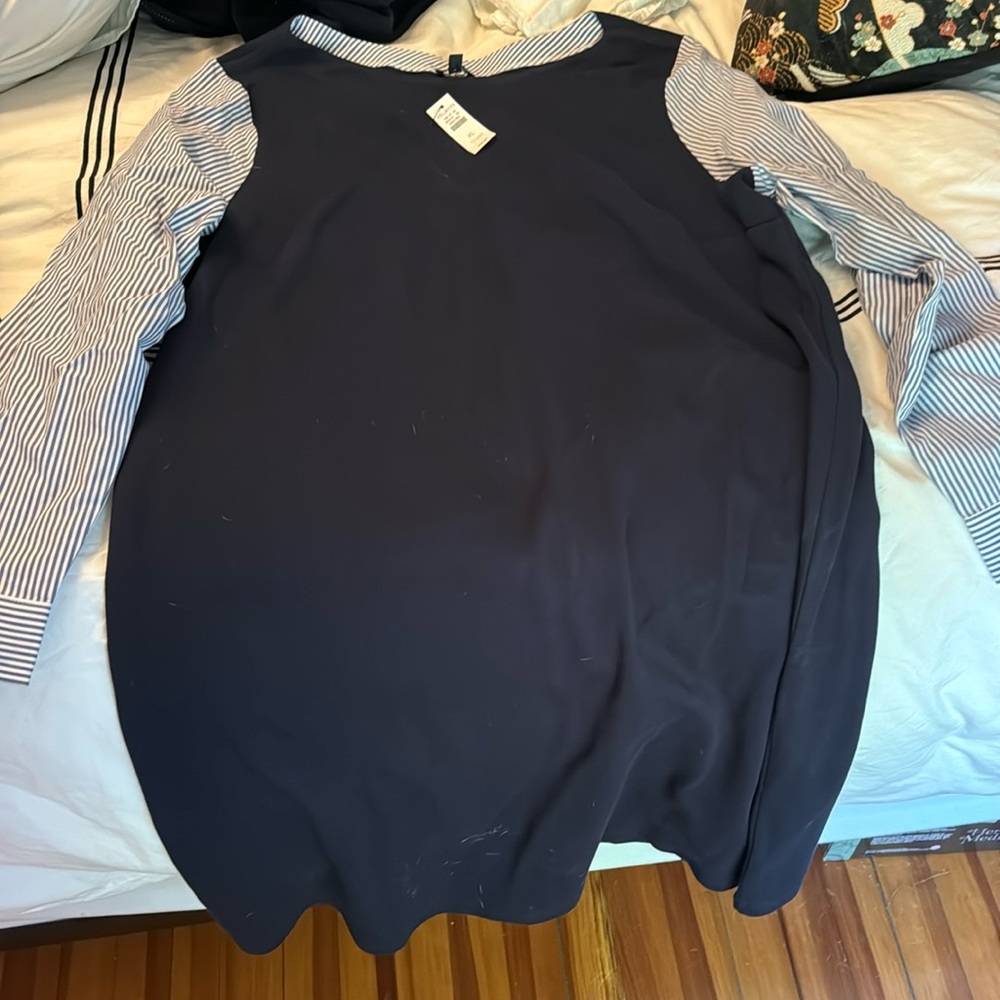 Talbots navy sheath dress with blue and white cotton striped sleeves- XL